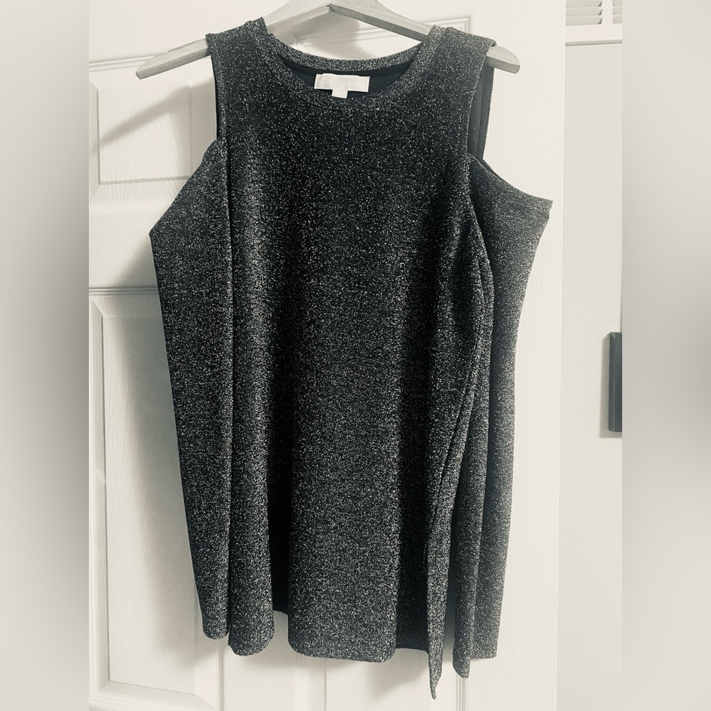 Michael KORS Long sleeve glitter cut out shoulder Large dress shirt.